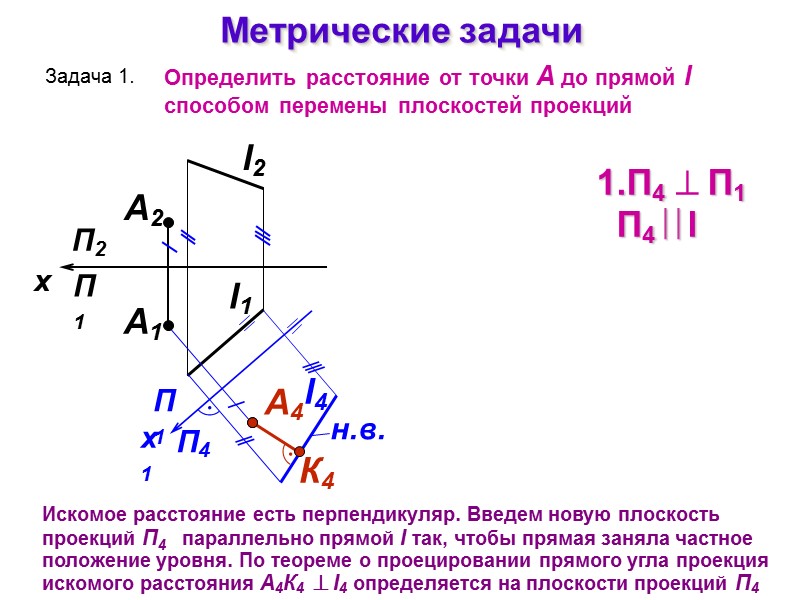 Метрические задачи Задача 1. Определить расстояние от точки А до прямой l  способом